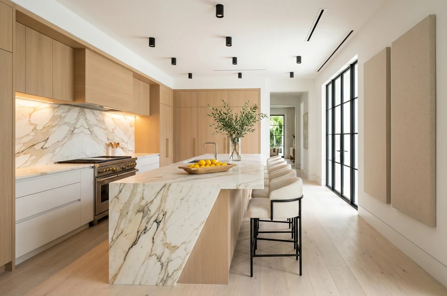 Calacatta marble waterfall island and white oak cabinets in a luxury Palm Beach County kitchen remodel